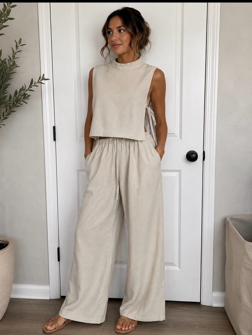 NWOT Commense Sleeveless Side-Tie Wide-Leg Jumpsuit in Cream